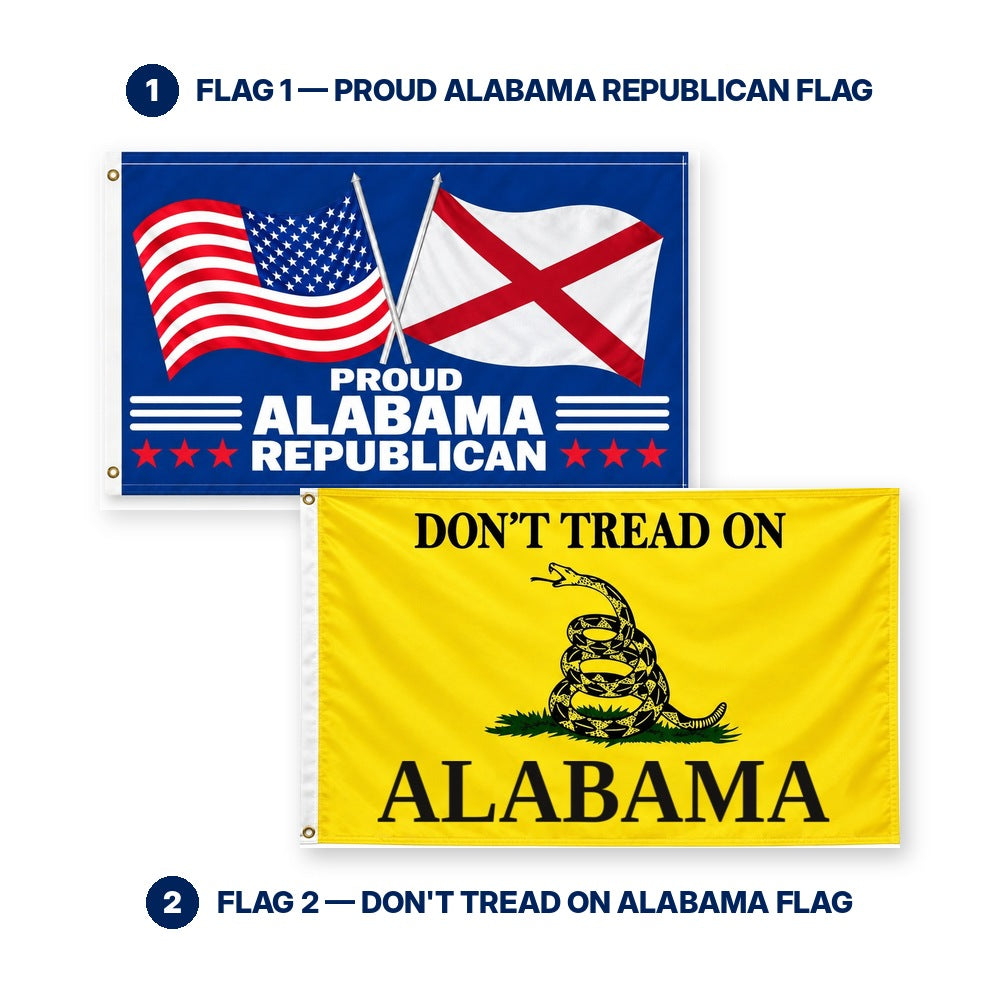 Proud Alabama Republican and Don't Tread on Alabama Flags 3x5 2-Pack features and size details