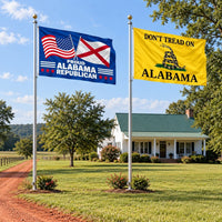 Proud Alabama Republican and Don't Tread on Alabama Flags 3x5 2-Pack displayed outdoors