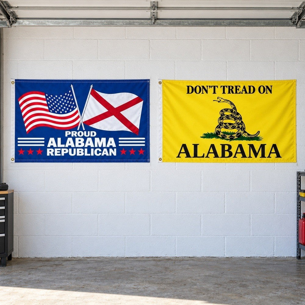 Proud Alabama Republican and Don't Tread on Alabama Flags 3x5 2-Pack displayed outdoors