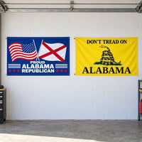 Proud Alabama Republican and Don't Tread on Alabama Flags 3x5 2-Pack displayed outdoors