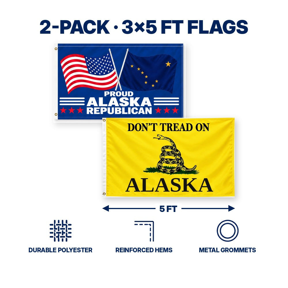 Proud Alaska Republican and Don't Tread on Alaska Flags 3x5 2-Pack features and size details