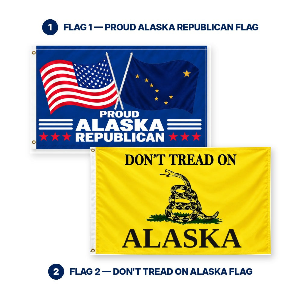 Proud Alaska Republican and Don't Tread on Alaska Flags 3x5 2-Pack features and size details