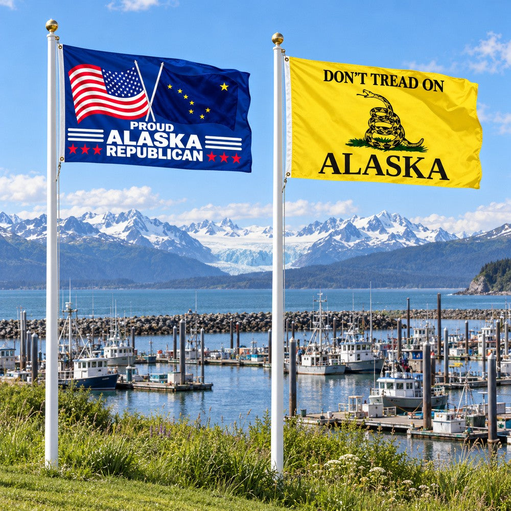 Proud Alaska Republican and Don't Tread on Alaska Flags 3x5 2-Pack displayed outdoors