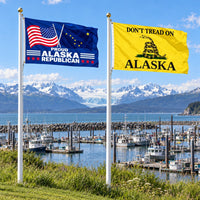 Proud Alaska Republican and Don't Tread on Alaska Flags 3x5 2-Pack displayed outdoors