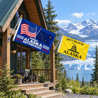 Proud Alaska Republican and Don't Tread on Alaska Flags 3x5 2-Pack displayed outdoors