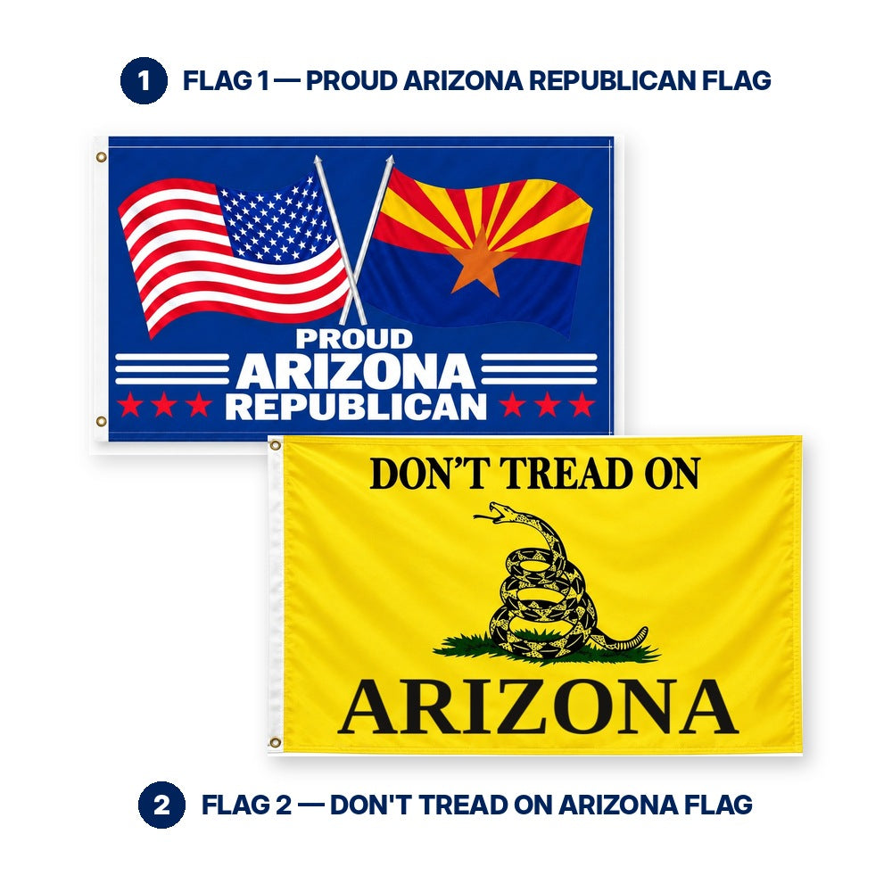 Proud Arizona Republican and Don't Tread on Arizona Flags 3x5 2-Pack features and size details