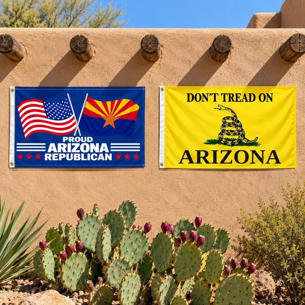Proud Arizona Republican and Don't Tread on Arizona Flags 3x5 2-Pack displayed outdoors