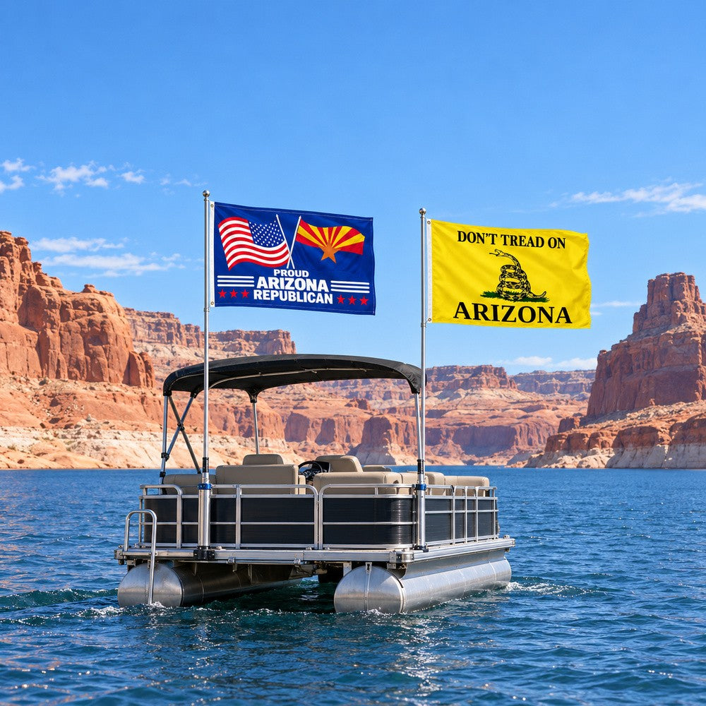 Proud Arizona Republican and Don't Tread on Arizona Flags 3x5 2-Pack displayed outdoors