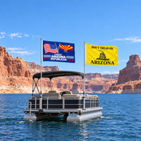 Proud Arizona Republican and Don't Tread on Arizona Flags 3x5 2-Pack displayed outdoors