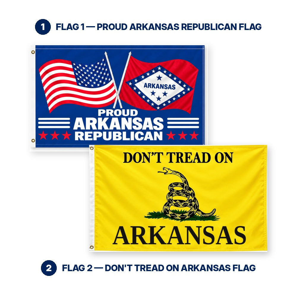 Proud Arkansas Republican and Don't Tread on Arkansas Flags 3x5 2-Pack features and size details