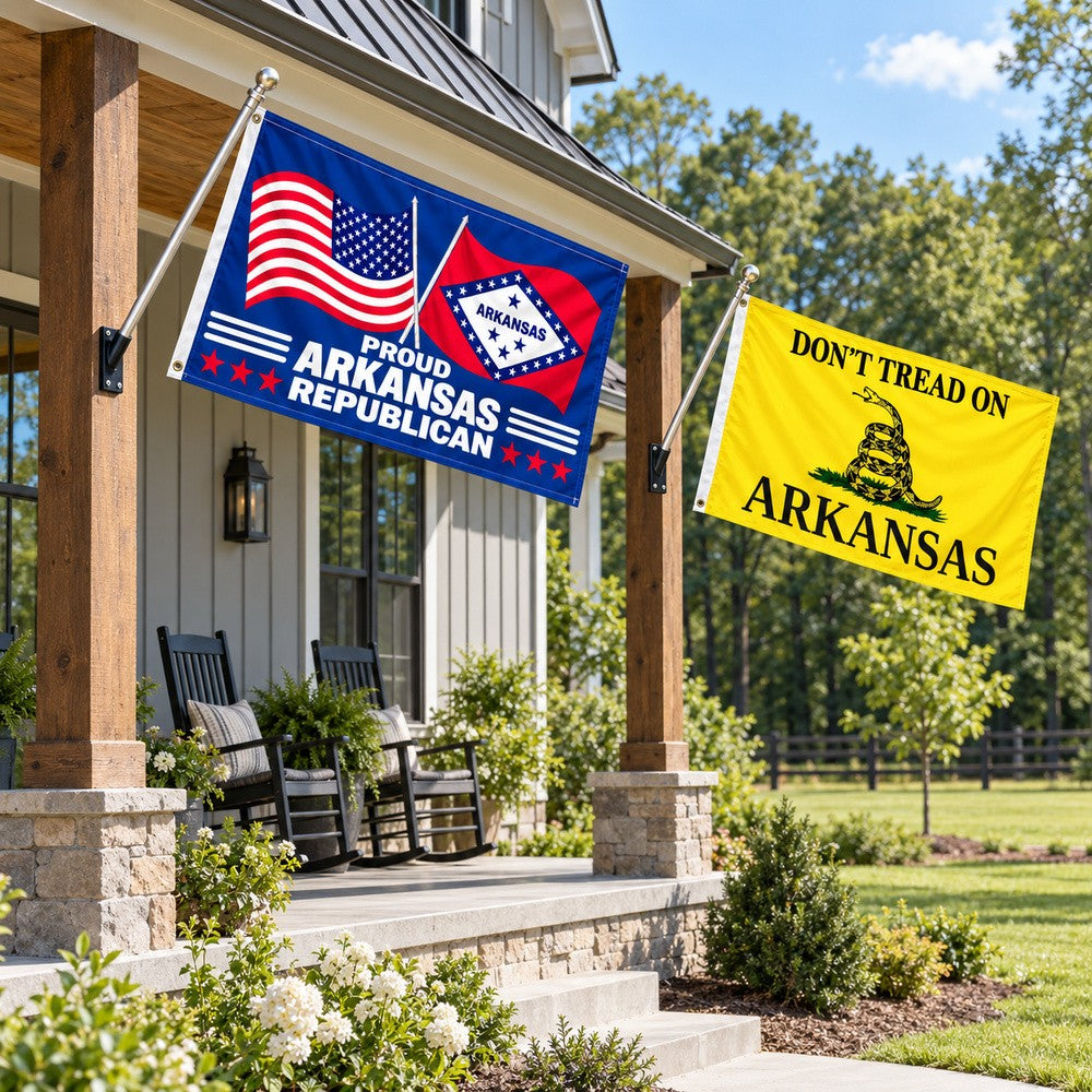 Proud Arkansas Republican and Don't Tread on Arkansas Flags 3x5 2-Pack displayed outdoors