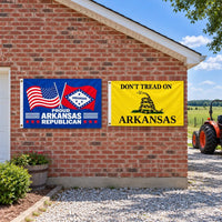 Proud Arkansas Republican and Don't Tread on Arkansas Flags 3x5 2-Pack displayed outdoors