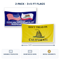 Proud California Republican and Don't Tread on California Flags 3x5 2-Pack features and size details