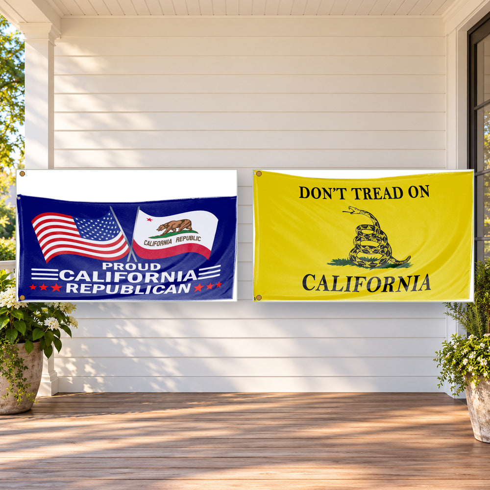 Proud California Republican and Don't Tread on California Flags 3x5 2-Pack displayed outdoors