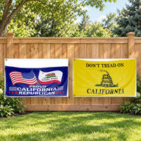 Proud California Republican and Don't Tread on California Flags 3x5 2-Pack displayed outdoors