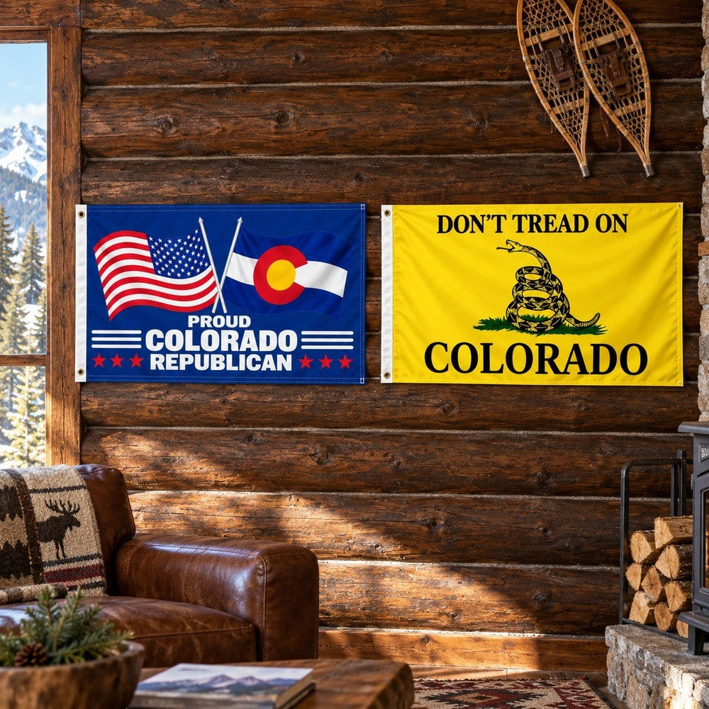 Proud Colorado Republican and Don't Tread on Colorado Flags 3x5 2-Pack displayed outdoors