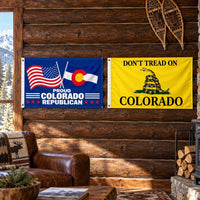 Proud Colorado Republican and Don't Tread on Colorado Flags 3x5 2-Pack displayed outdoors