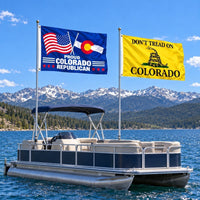 Proud Colorado Republican and Don't Tread on Colorado Flags 3x5 2-Pack displayed outdoors