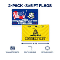 Proud Connecticut Republican and Don't Tread on Connecticut Flags 3x5 2-Pack features and size details