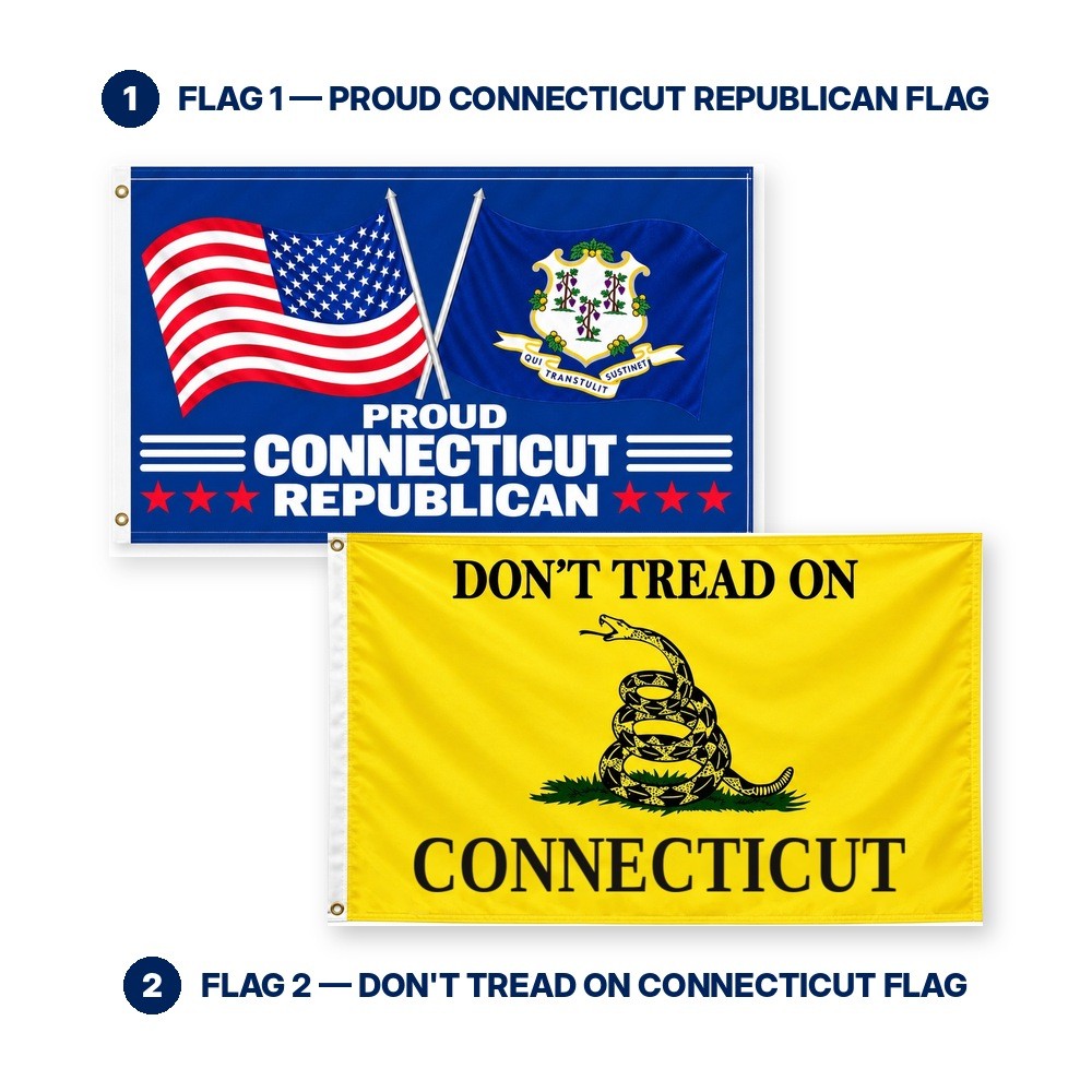 Proud Connecticut Republican and Don't Tread on Connecticut Flags 3x5 2-Pack features and size details