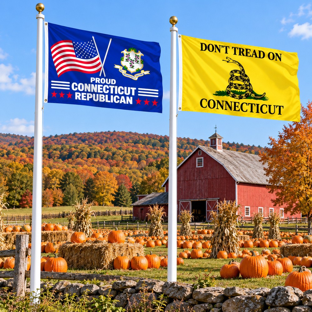Proud Connecticut Republican and Don't Tread on Connecticut Flags 3x5 2-Pack displayed outdoors