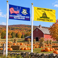 Proud Connecticut Republican and Don't Tread on Connecticut Flags 3x5 2-Pack displayed outdoors