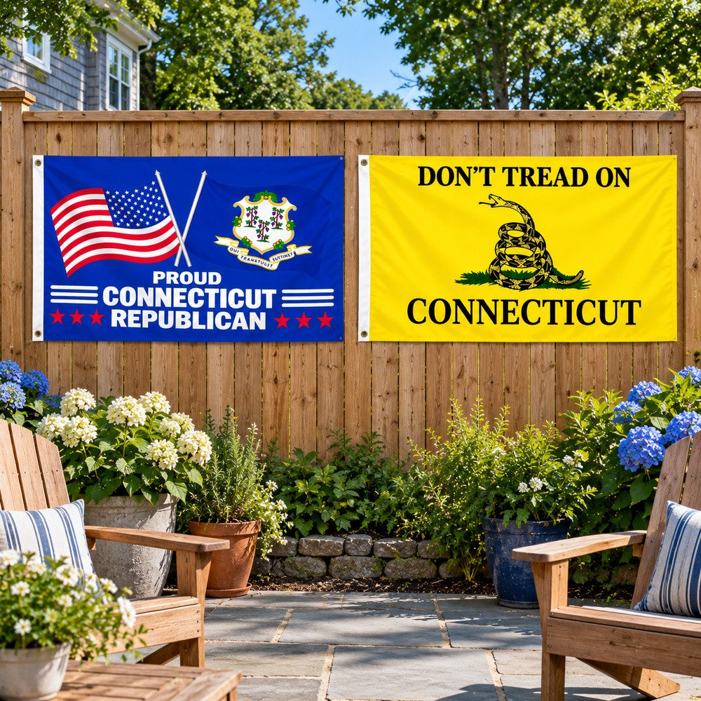 Proud Connecticut Republican and Don't Tread on Connecticut Flags 3x5 2-Pack displayed outdoors