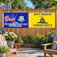 Proud Connecticut Republican and Don't Tread on Connecticut Flags 3x5 2-Pack displayed outdoors