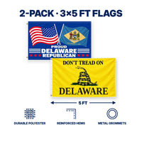 Proud Delaware Republican and Don't Tread on Delaware Flags 3x5 2-Pack features and size details
