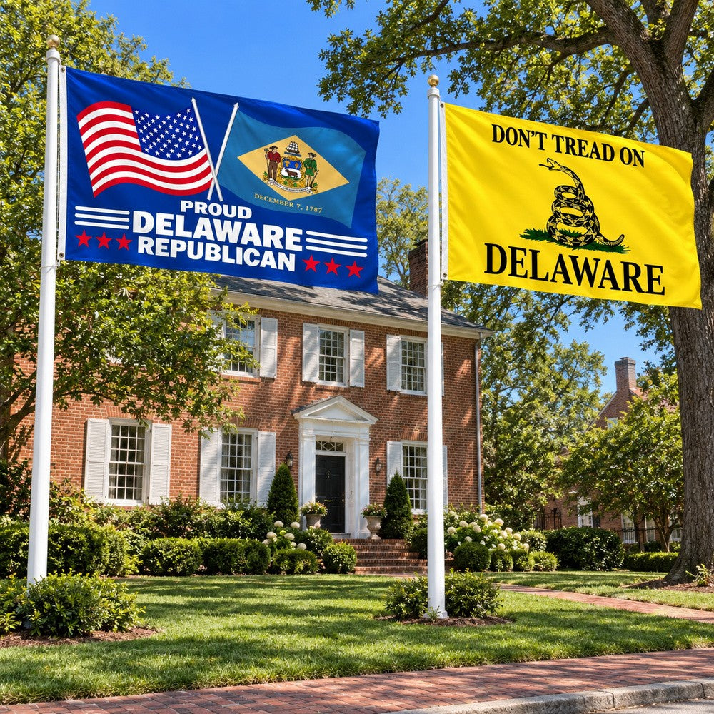 Proud Delaware Republican and Don't Tread on Delaware Flags 3x5 2-Pack displayed outdoors
