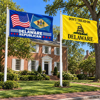 Proud Delaware Republican and Don't Tread on Delaware Flags 3x5 2-Pack displayed outdoors