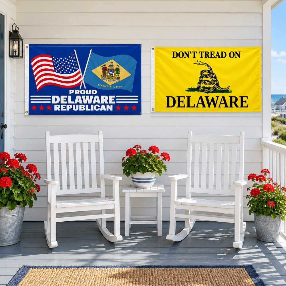 Proud Delaware Republican and Don't Tread on Delaware Flags 3x5 2-Pack displayed outdoors