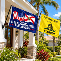 Proud Florida Republican and Don't Tread on Florida Flags 3x5 2-Pack displayed outdoors