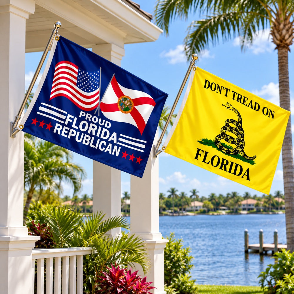 Proud Florida Republican and Don't Tread on Florida Flags 3x5 2-Pack displayed outdoors