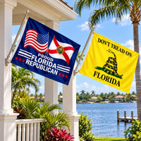 Proud Florida Republican and Don't Tread on Florida Flags 3x5 2-Pack displayed outdoors
