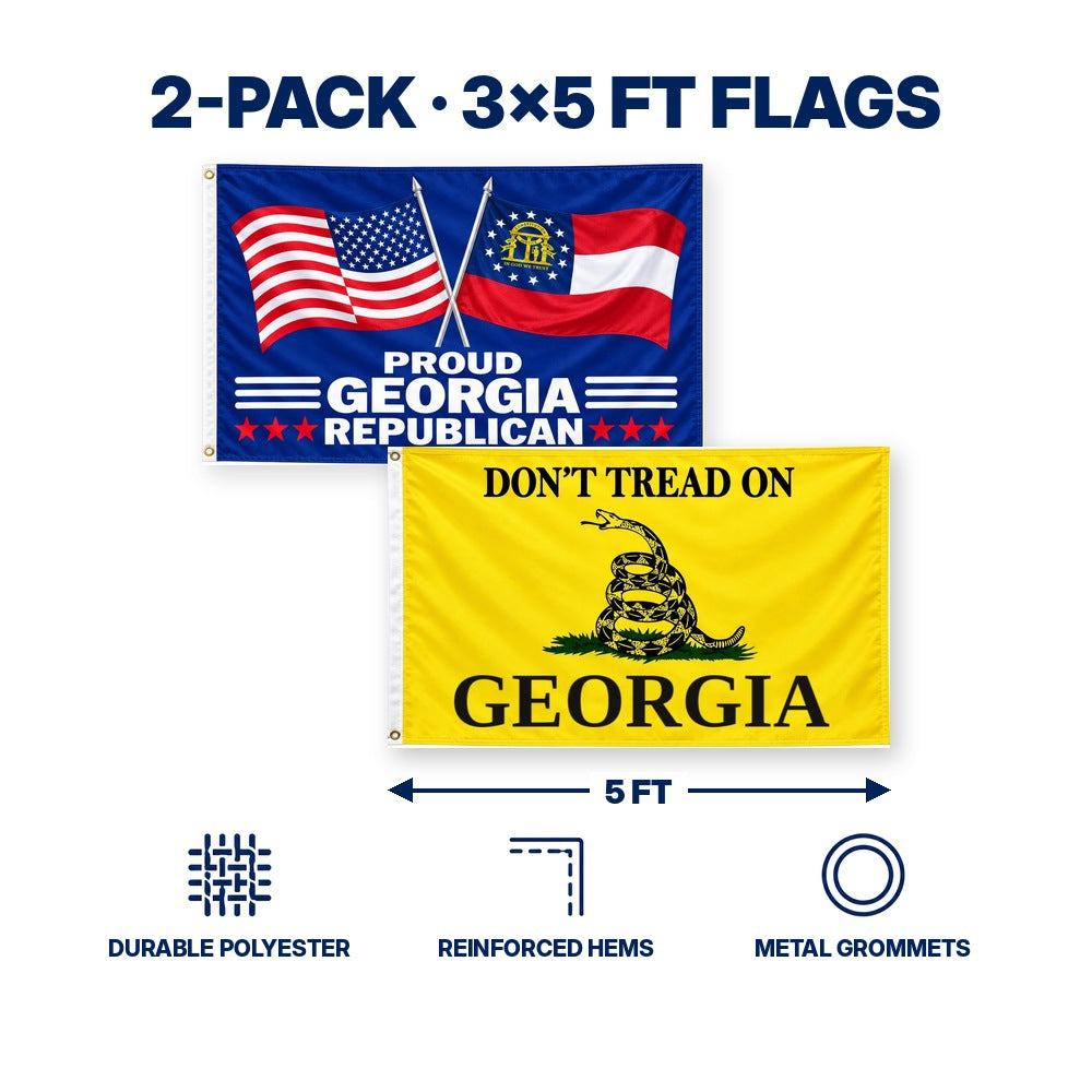 Proud Georgia Republican and Don't Tread on Georgia Flags 3x5 2-Pack features and size details