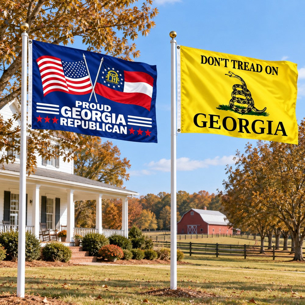 Proud Georgia Republican and Don't Tread on Georgia Flags 3x5 2-Pack displayed outdoors