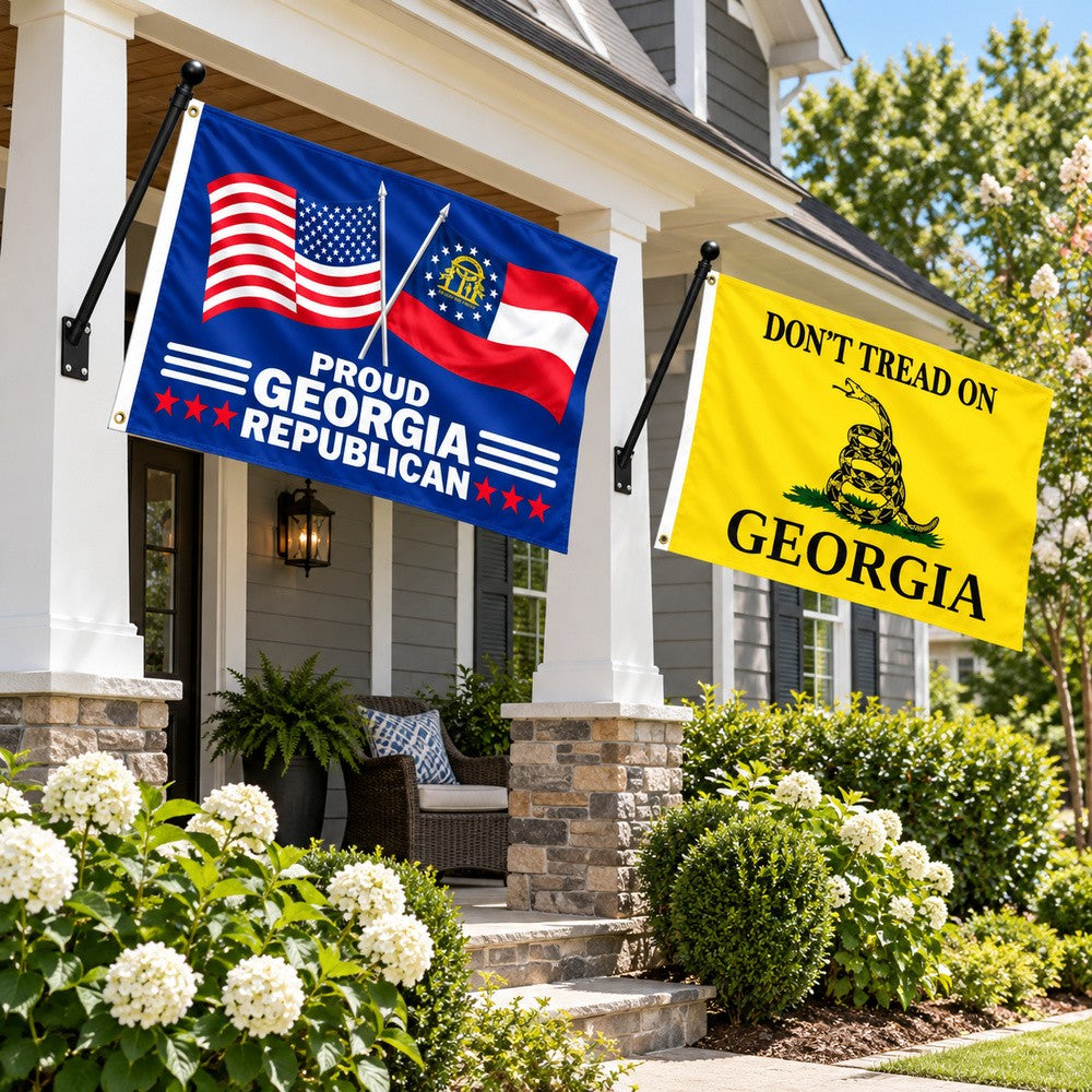 Proud Georgia Republican and Don't Tread on Georgia Flags 3x5 2-Pack displayed outdoors