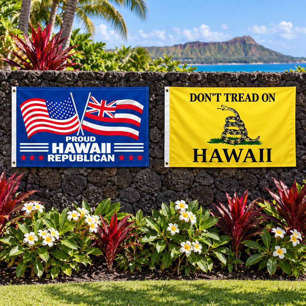 Proud Hawaii Republican and Don't Tread on Hawaii Flags 3x5 2-Pack displayed outdoors