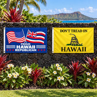 Proud Hawaii Republican and Don't Tread on Hawaii Flags 3x5 2-Pack displayed outdoors