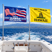 Proud Hawaii Republican and Don't Tread on Hawaii Flags 3x5 2-Pack displayed outdoors