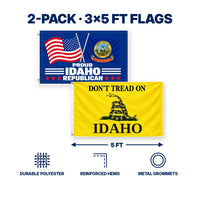 Proud Idaho Republican and Don't Tread on Idaho Flags 3x5 2-Pack features and size details