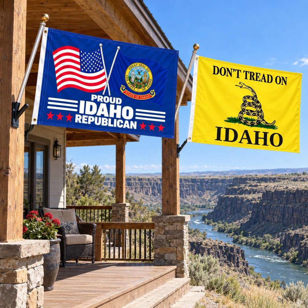 Proud Idaho Republican and Don't Tread on Idaho Flags 3x5 2-Pack displayed outdoors