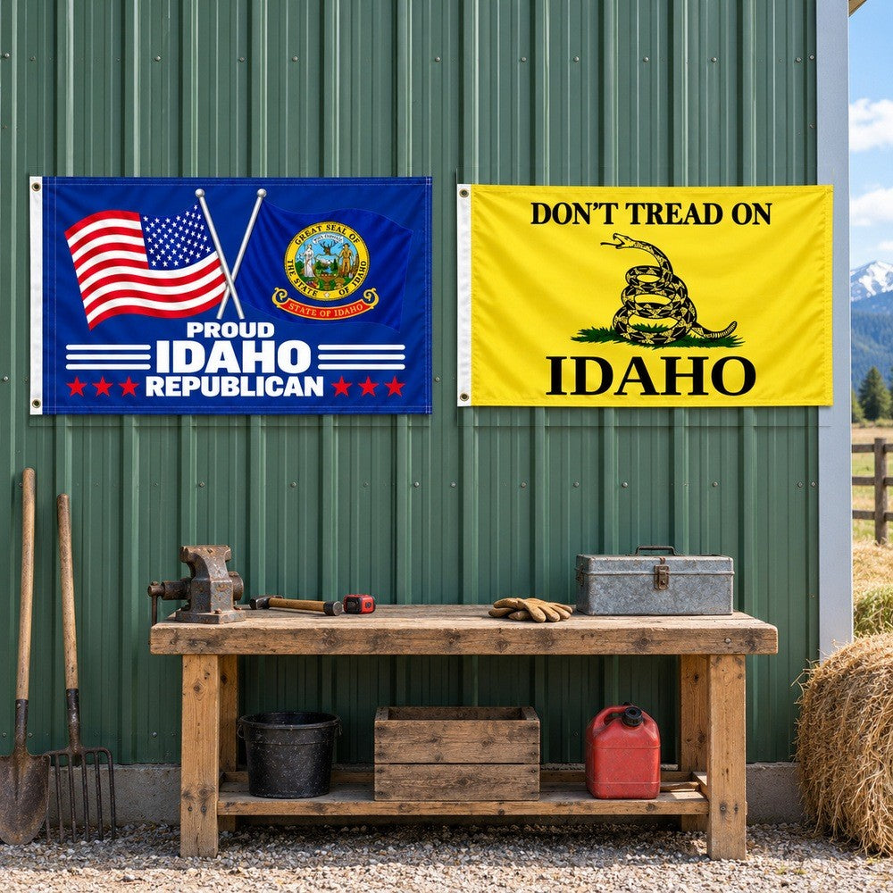Proud Idaho Republican and Don't Tread on Idaho Flags 3x5 2-Pack displayed outdoors