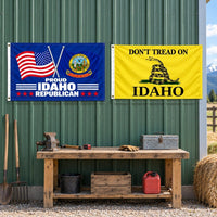 Proud Idaho Republican and Don't Tread on Idaho Flags 3x5 2-Pack displayed outdoors