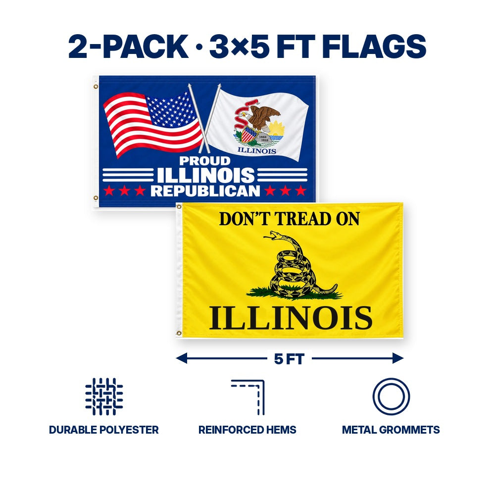 Proud Illinois Republican and Don't Tread on Illinois Flags 3x5 2-Pack features and size details