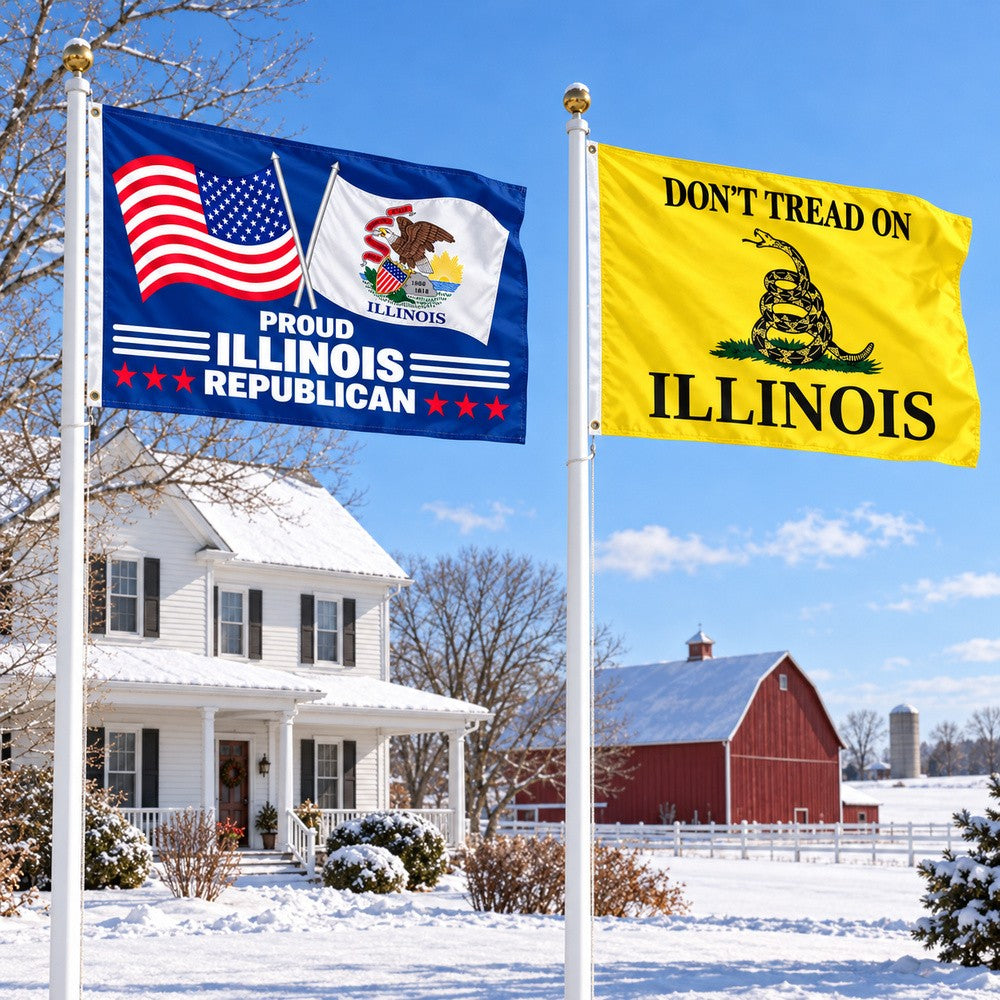 Proud Illinois Republican and Don't Tread on Illinois Flags 3x5 2-Pack displayed outdoors