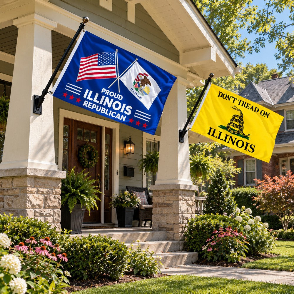 Proud Illinois Republican and Don't Tread on Illinois Flags 3x5 2-Pack displayed outdoors