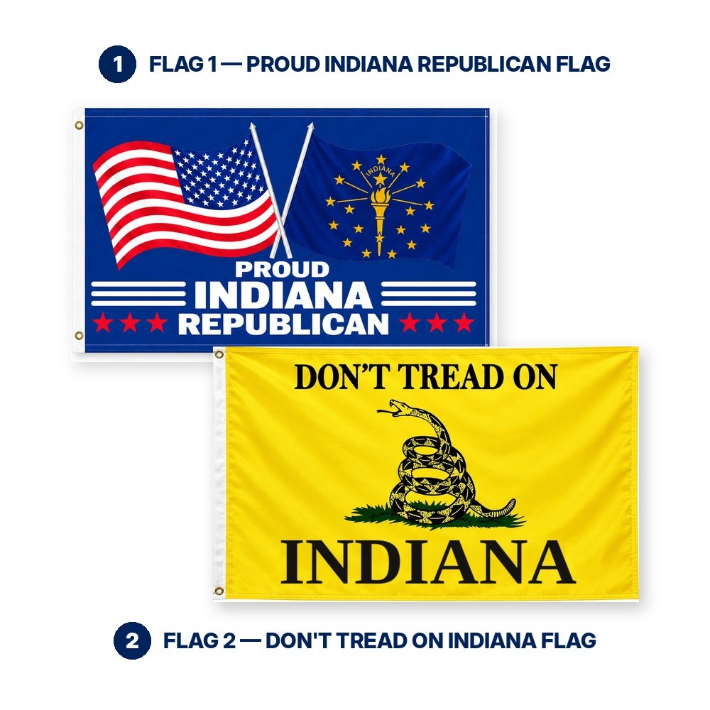 Proud Indiana Republican and Don't Tread on Indiana Flags 3x5 2-Pack features and size details