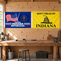 Proud Indiana Republican and Don't Tread on Indiana Flags 3x5 2-Pack displayed outdoors